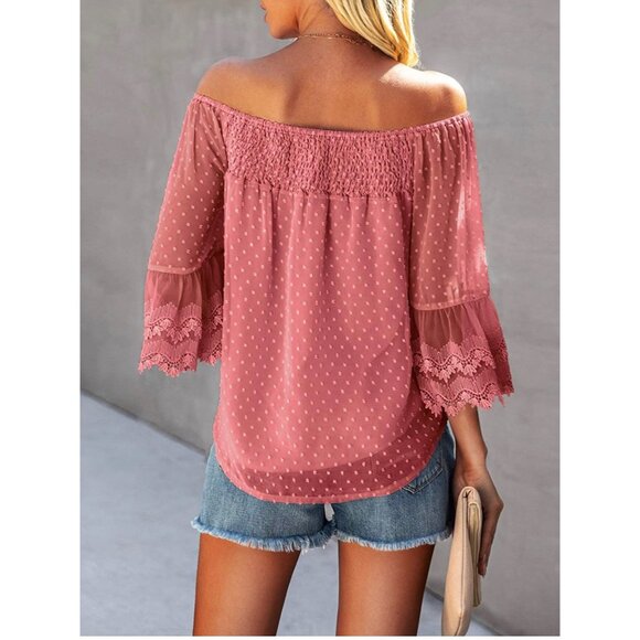 👗 2/$30 👗 Swiss Dot Pink Off Shoulder with Bell Sleeves Blouse Medium - Picture 3 of 4